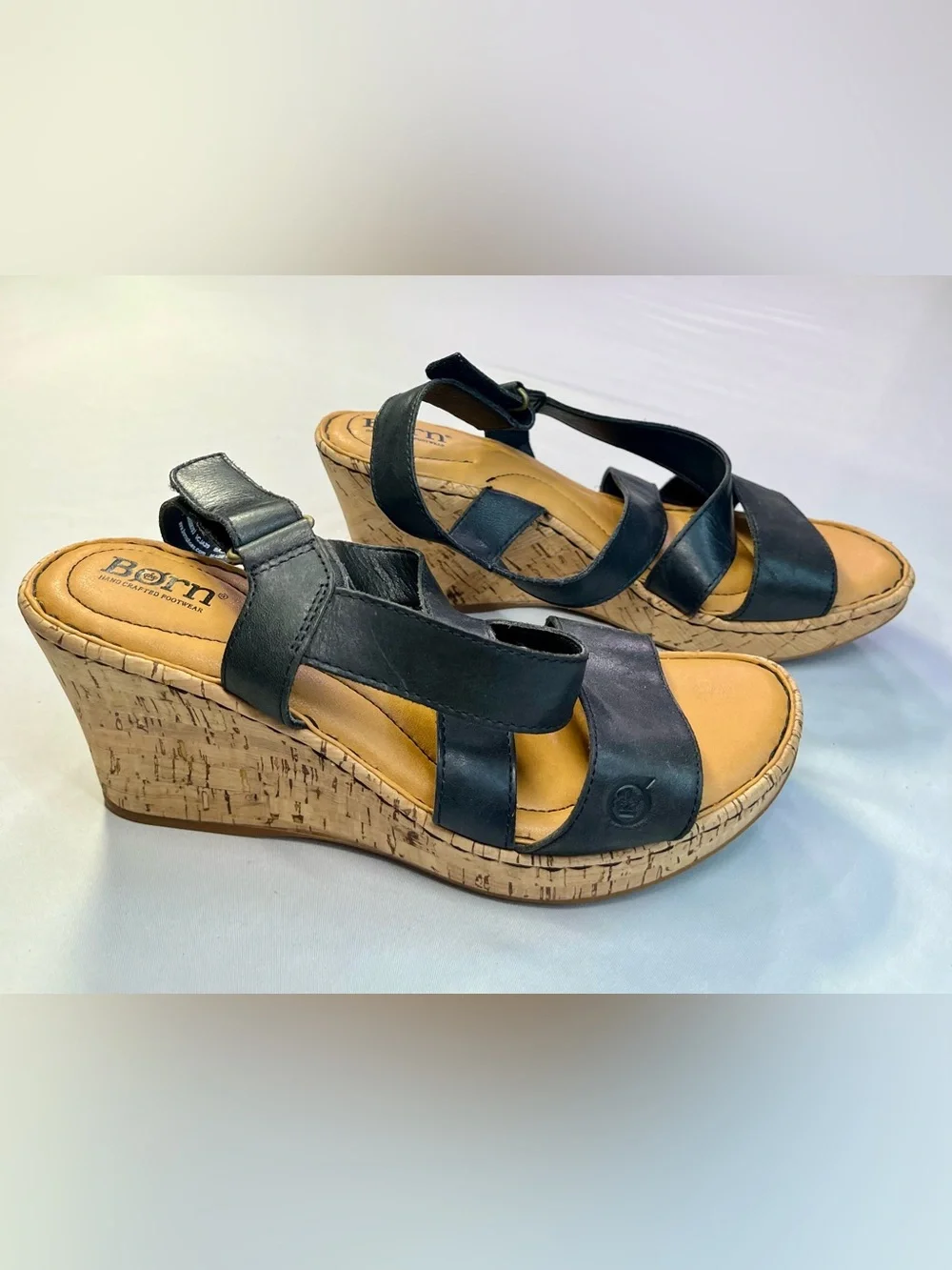 Børn Black Leather Cork Wedge Sandals Adjustable Straps Platform - 9